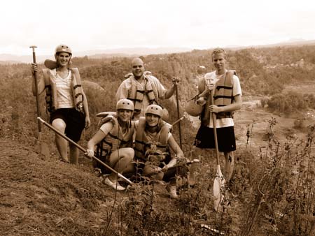 Walking to the river bank for White Rafting in Torajaland